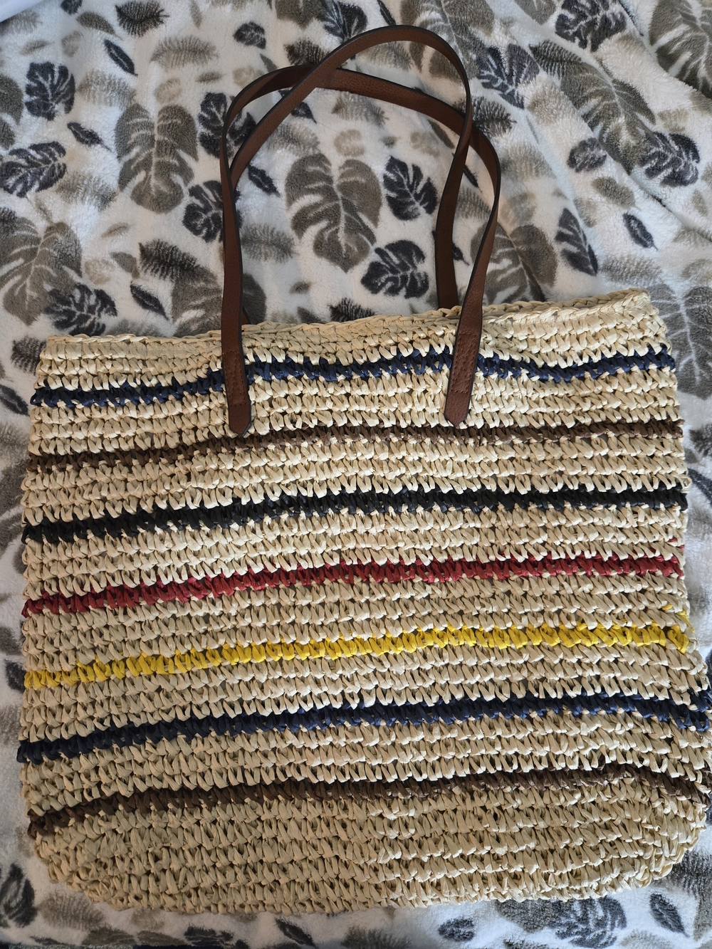 Joe Fresh Natural Straw Tote with Multicolor Stripes and Brown Handles
